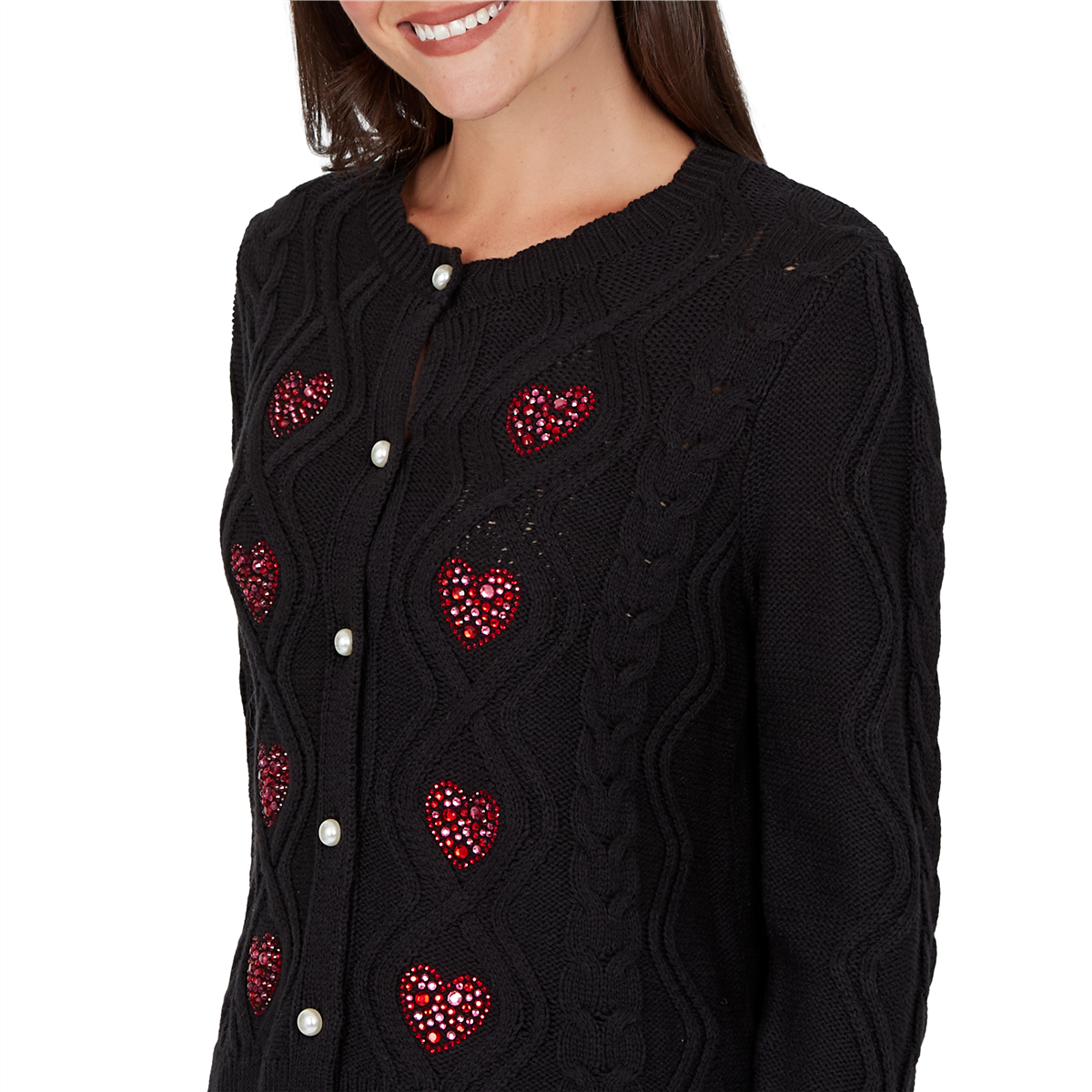Petite Ruby Rd. Mysterious Romance Rhinestone Heart Cardigan