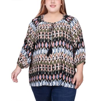 Plus Size NY Collection 3 4 Sleeve Ikat Peasant Blouse Navy