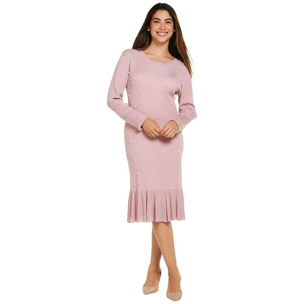 Womens Absolutely Famous Long Sleeve Pearl Trim Ribbed Midi Dress - image 