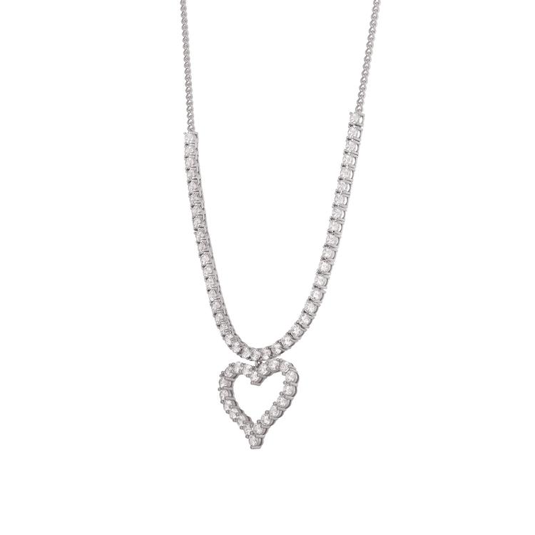 Splendere Rhodium Plated Sterling Silver CZ Open Heart Necklace