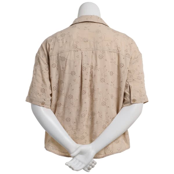 Juniors Plus No Comment Eyelet Embroidered Button Front Blouse