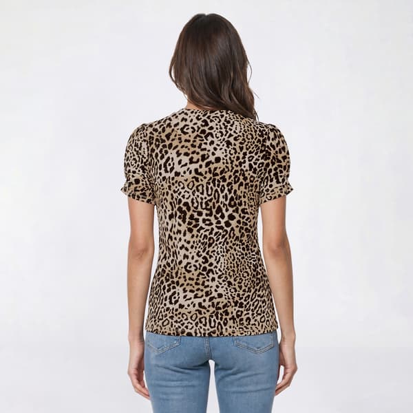 Womens AK Anne Klein Short Pleat Sleeve Crew Neck Leopard Blouse
