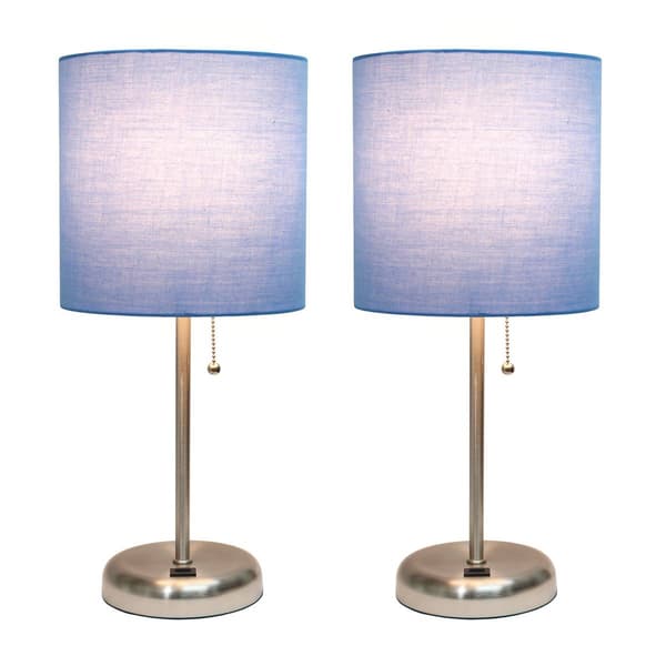 LimeLights Brushed Steel Lamp/USB Charge Port/Blue Shade-Set of 2