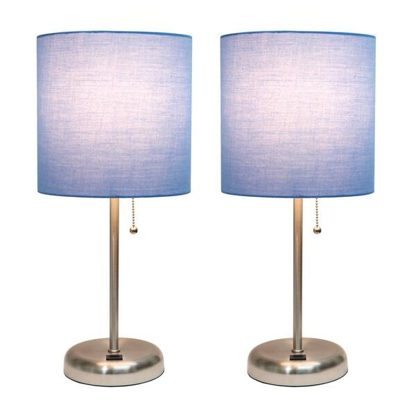 LimeLights Brushed Steel Lamp/USB Charge Port/Blue Shade-Set of 2 - image 