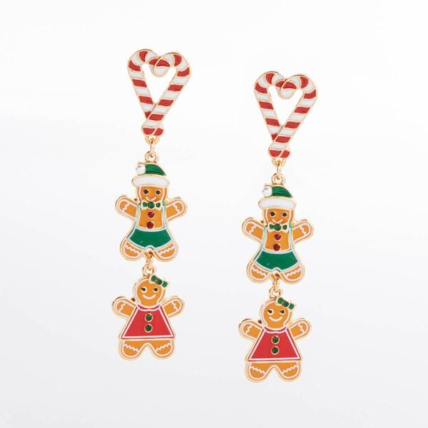 Gingerbread Man & Candy Cane Linear Drop Earrings - image 