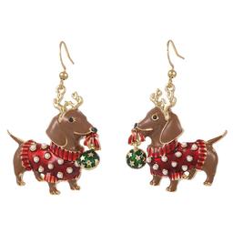 Dachshund in Christmas Sweater with Ornament Earrings