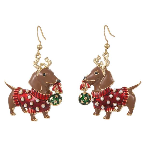 Dachshund in Christmas Sweater with Ornament Earrings - image 