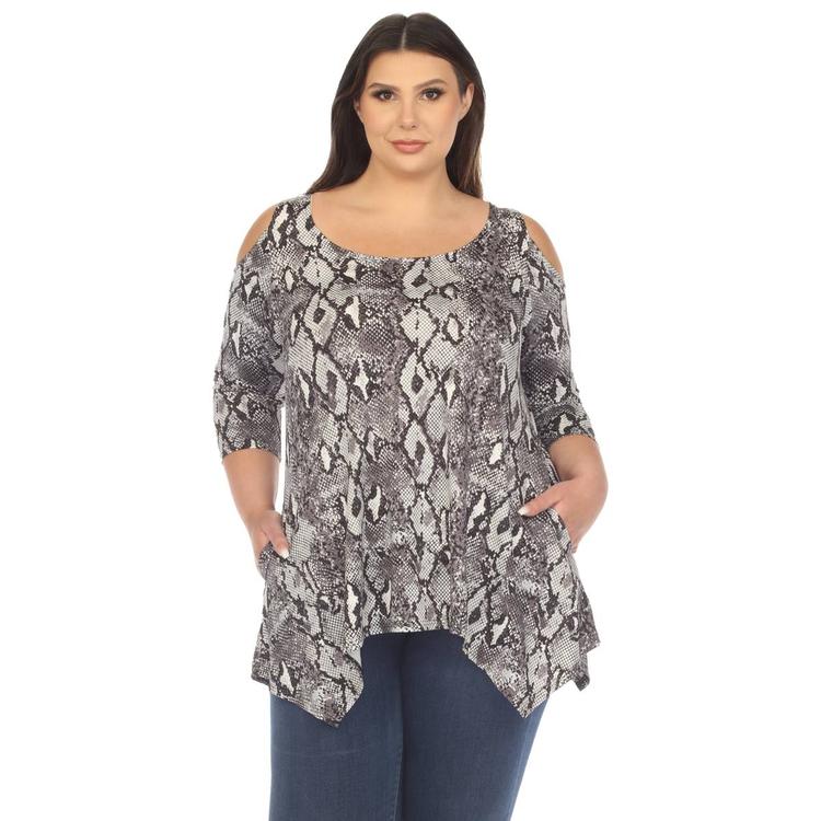 Plus Size White Mark Snake Print Cold Shoulder Tunic