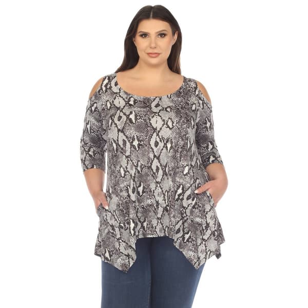 Plus Size White Mark Snake Print Cold Shoulder Tunic