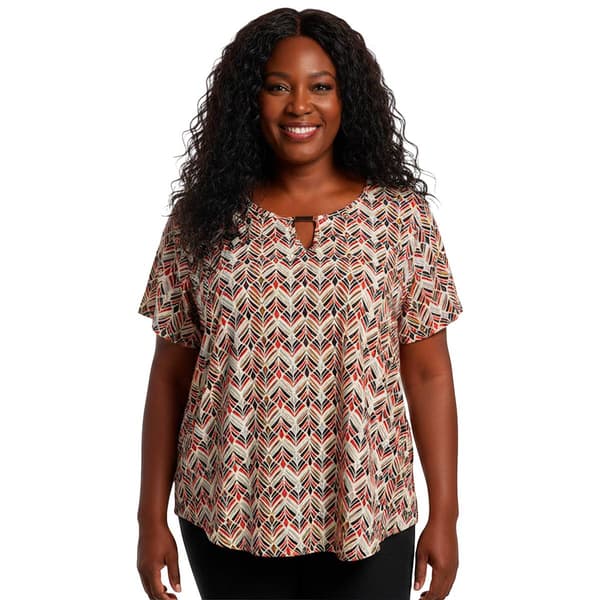 Plus Size Notations Short Sleeve Feather Bar Keyhole Blouse