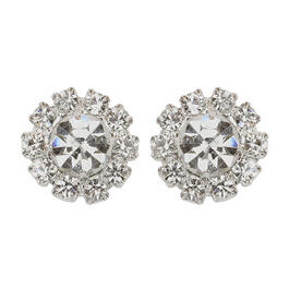 Silver-Tone Faceted Clear Crystal Button Earrings