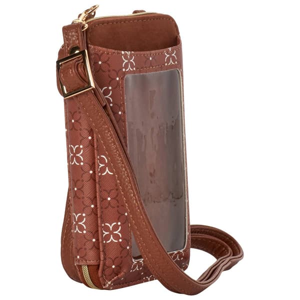 Womens Buxton Everywhere Signature Mocha Flower Crossbody Wallet