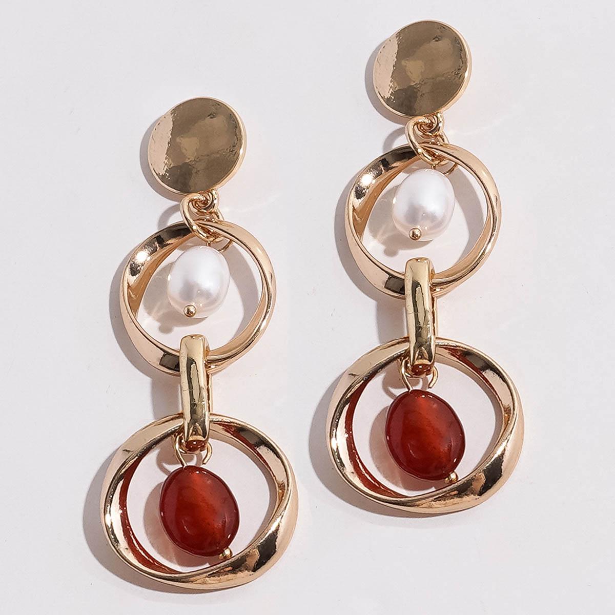 Ashley Cooper(tm) Gold-Tone Link Dangle Pearl & Red Stone Earrings