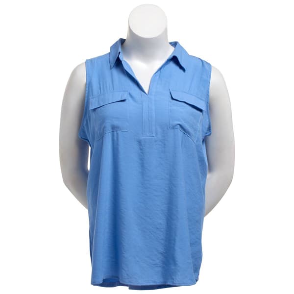 Plus Size Notations Sleeveless Solid Two Pocket Split Neck Blouse