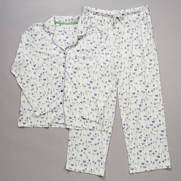 Womens White Orchid Butterfly Garden Long Sleeve Pajama Set - image 