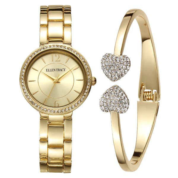 Womens Ellen Tracy Crystal Watch & Heart Bracelet Set - ETB8189GD - image 