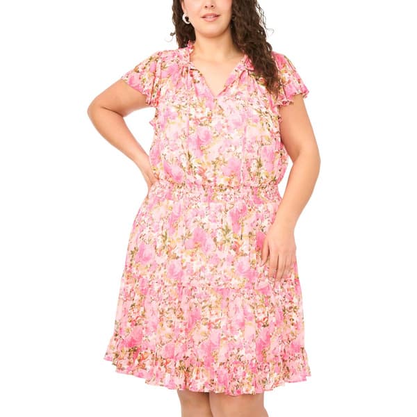 Plus MSK Short Sleeve Print Chiffon Smock Waist Dress