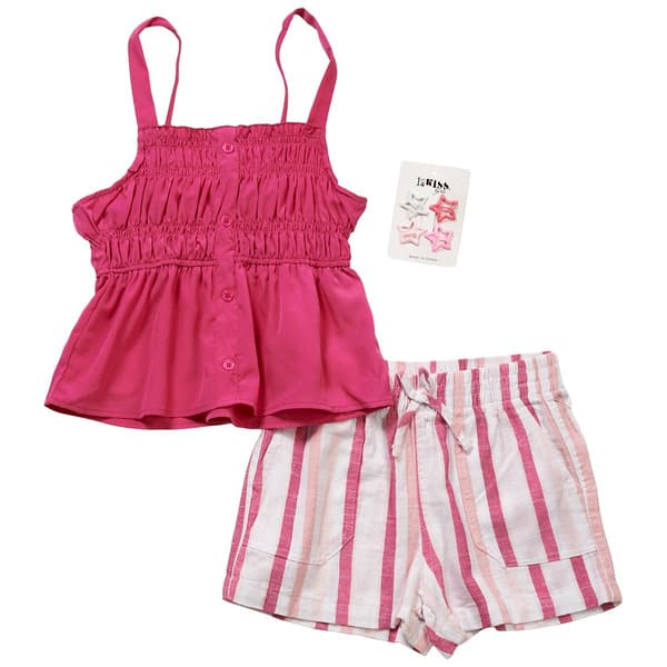 Girls (7-14) 1st Kiss Smocked Tank with Striped Shorts - Fuchsia
