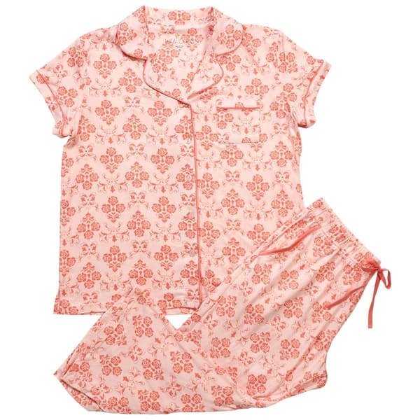 Womens White Orchid  Floral Short Sleeve Notch Collar Pajama Set - image 