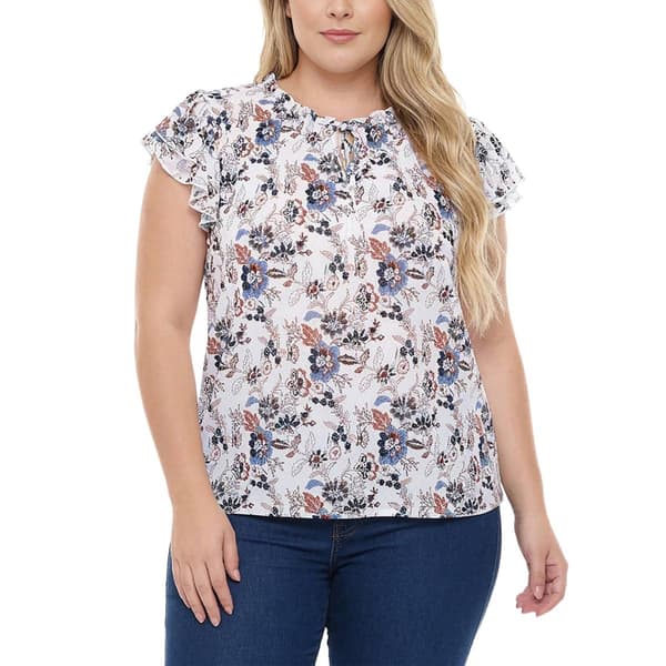 Plus Size NY Collection Short Flutter Sleeve Print Moss Crepe Sp