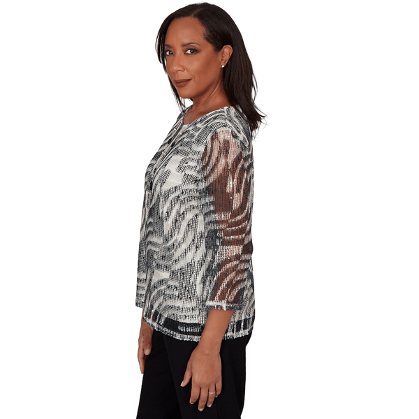 Womens Alfred Dunner Detail Driven 3/4 Sleeve Abstract Blouse