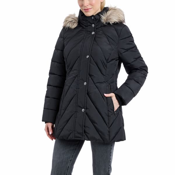 Petites London Fog Chevron Puffer Coat with Faux Fur Trimmed Hood