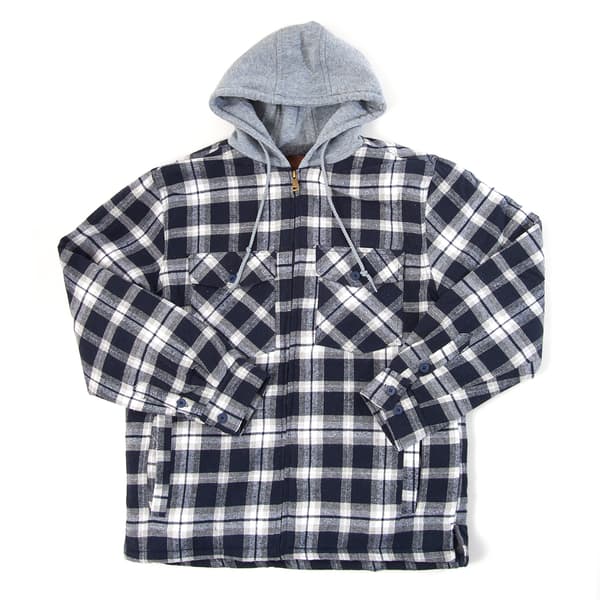 Mens Mountain Ridge Sherpa Lined Flannel Hooded Jacket Navy