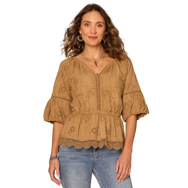 Womens Democracy Bubble Sleeve Ruffle Split Neck Woven Top - image 