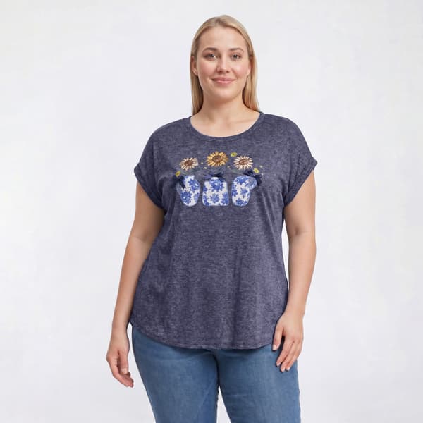 Plus Size Tru Self Short Dolman Sleeve Hacci Sunflower Vase Tee
