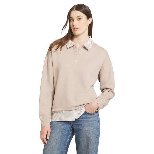 Womens LANDS END(R) Fleece/Poplin Sweatshirt 2-Fer - image 