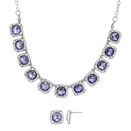 Roman Silver-Tone Amethyst Glass Square Earrings & Necklace Set