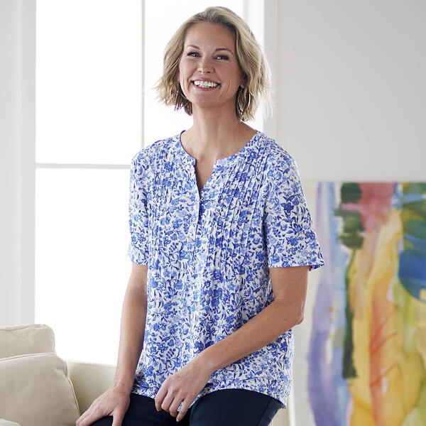 Petite Napa Valley Bird Floral Pleat Henley Blouse-White/Blue - image 