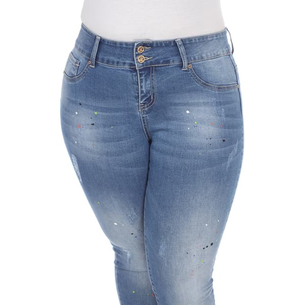 Plus Size White Mark Paint Effect Light Blue Denim Jeans