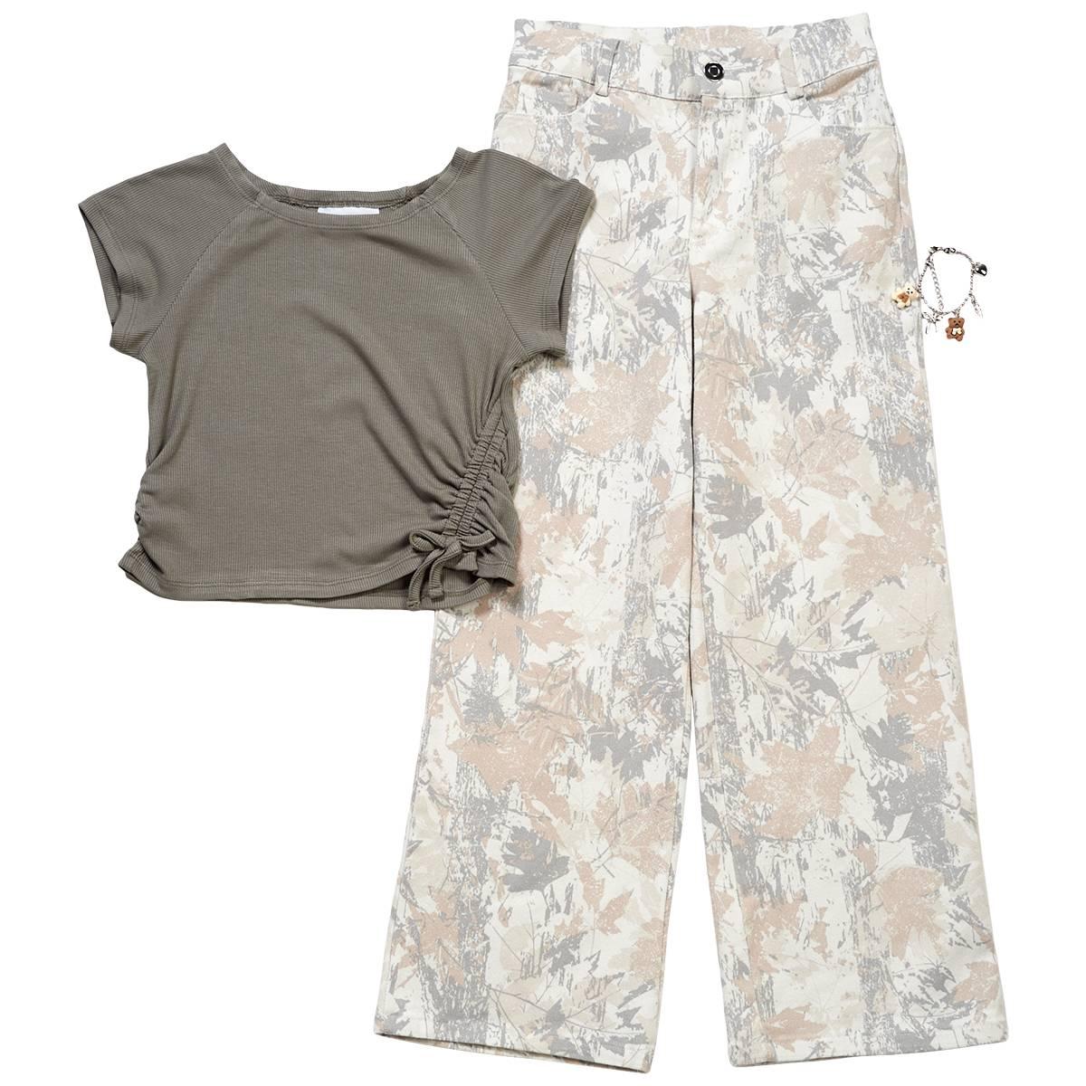 Girls (7-12) Tween Diva Rib Knit Cinch Tee w/ Wide Leg Camo Pants