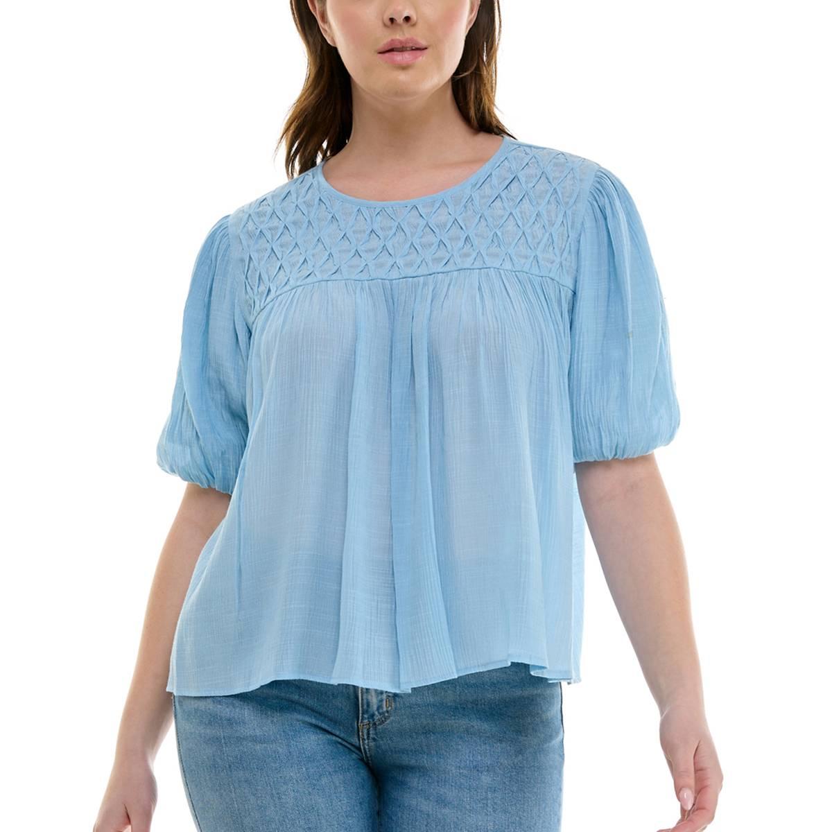 Petite Zac & Rachel Short Puff Sleeve Diamond Smocked Blouse