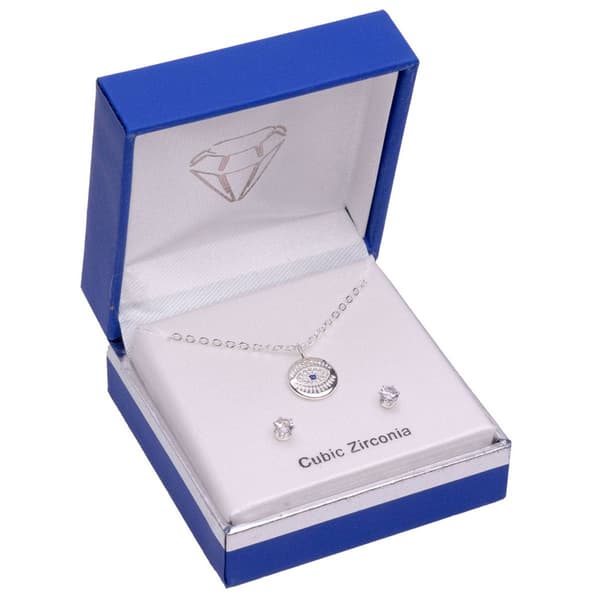 Silver-Tone CZ Evil Eye Pendant & Earring Set - image 