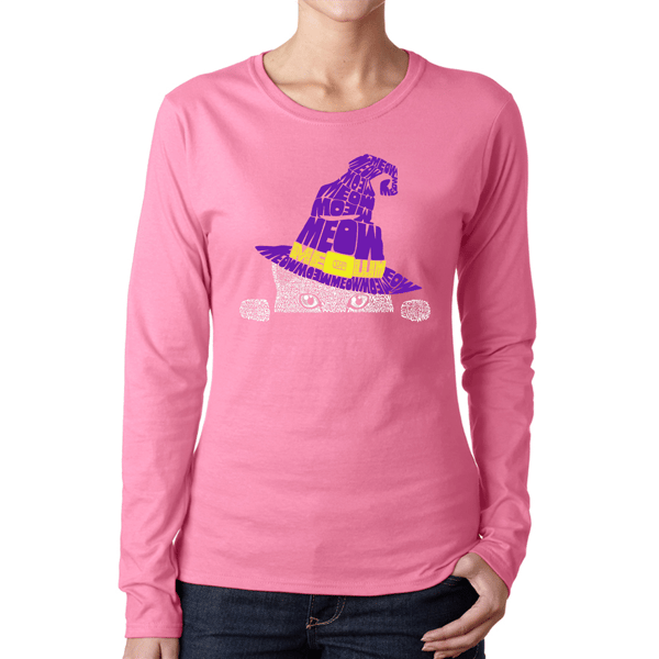 Plus Size LA Pop Art Peeking Witch Cat Word Art Long Sleeve Tee