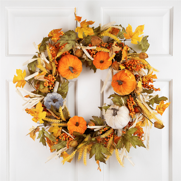 Northlight 24in. Velvet Pumpkins &amp; Wheat Fall Harvest Wreath