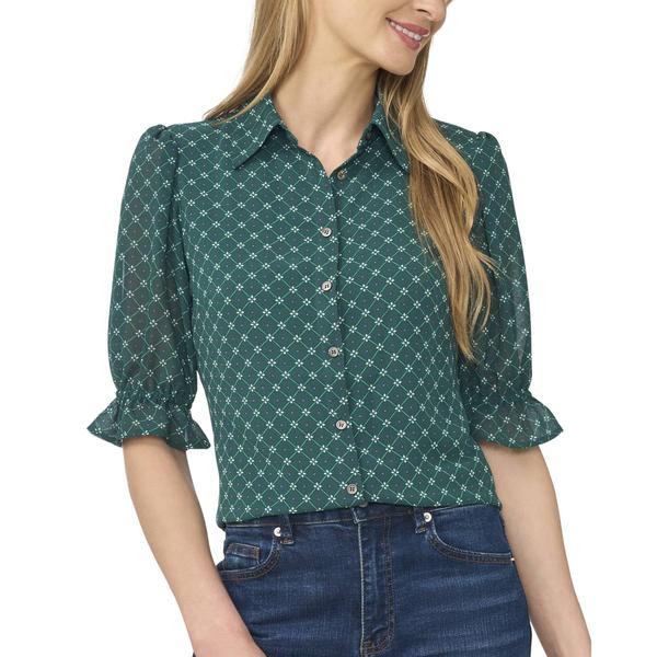 Womens Cece Short Puff Sleeve Collar Geo Button Front Blouse