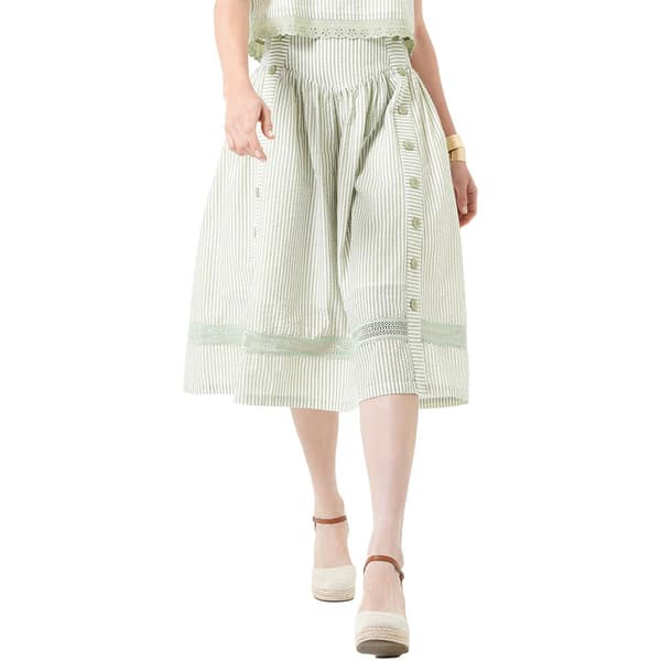 Womens MNK Seersucker Sailor Button Stripe Flared Midi Skirt