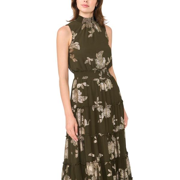 Womens MSK Sleeveless Mock Neck Foil Floral Tiered Maxi Dress