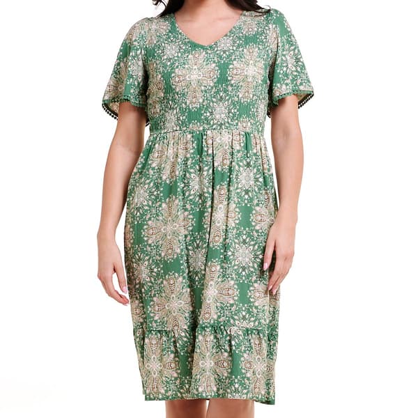 Womens Luxology Flutter Sleeve V-Neck Smocked A-Line Dress