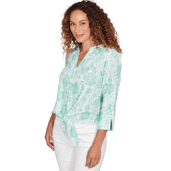 Womens Hearts of Palm All Sun and Games Tie Front Floral Blouse