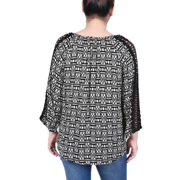 Womens NY Collection 3/4 Sleeve Tie Neck Geometric Blouse