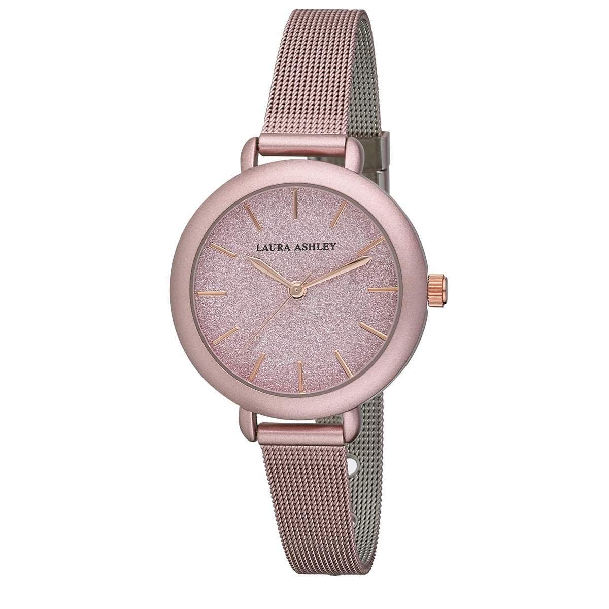 Womens Laura Ashley® Pink Glitz Dial Spray Mesh Watch -...