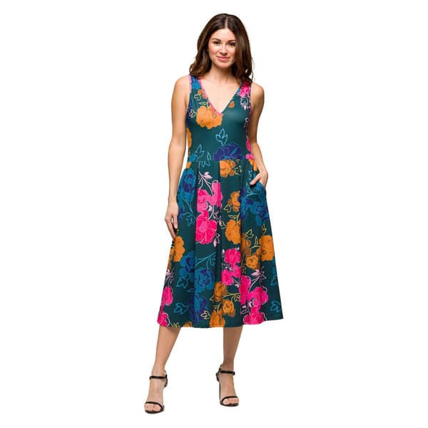 Womens 24/7 Comfort Apparel Green Floral Fit & Flare Dress