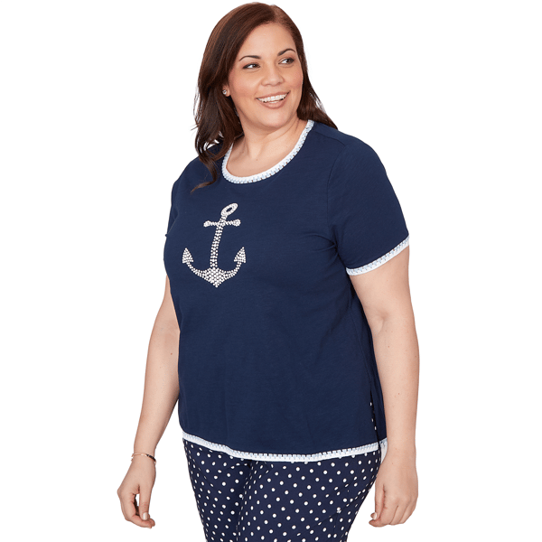 Plus Size Alfred Dunner Port Side 3/4 Sleeve Pearl Anchor Blouse