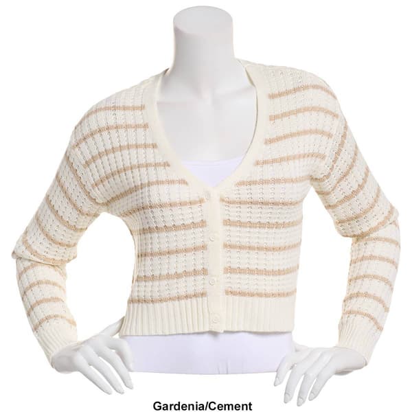 Juniors No Comment Stripe Rib Cropped Button Front Cardigan