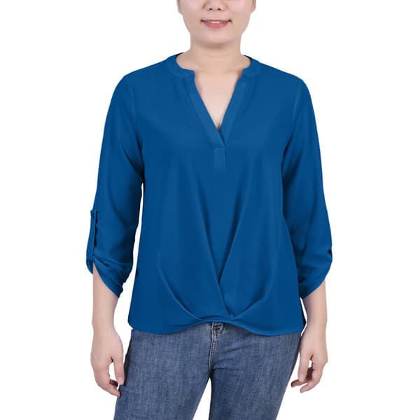 Womens NY Collection Roll Tab Woven Knot Front Solid Crepe Blouse - image 