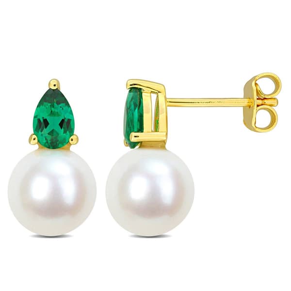 Gemstone Classics(tm) Freshwater Pearl & Emerald Stud Earrings - image 